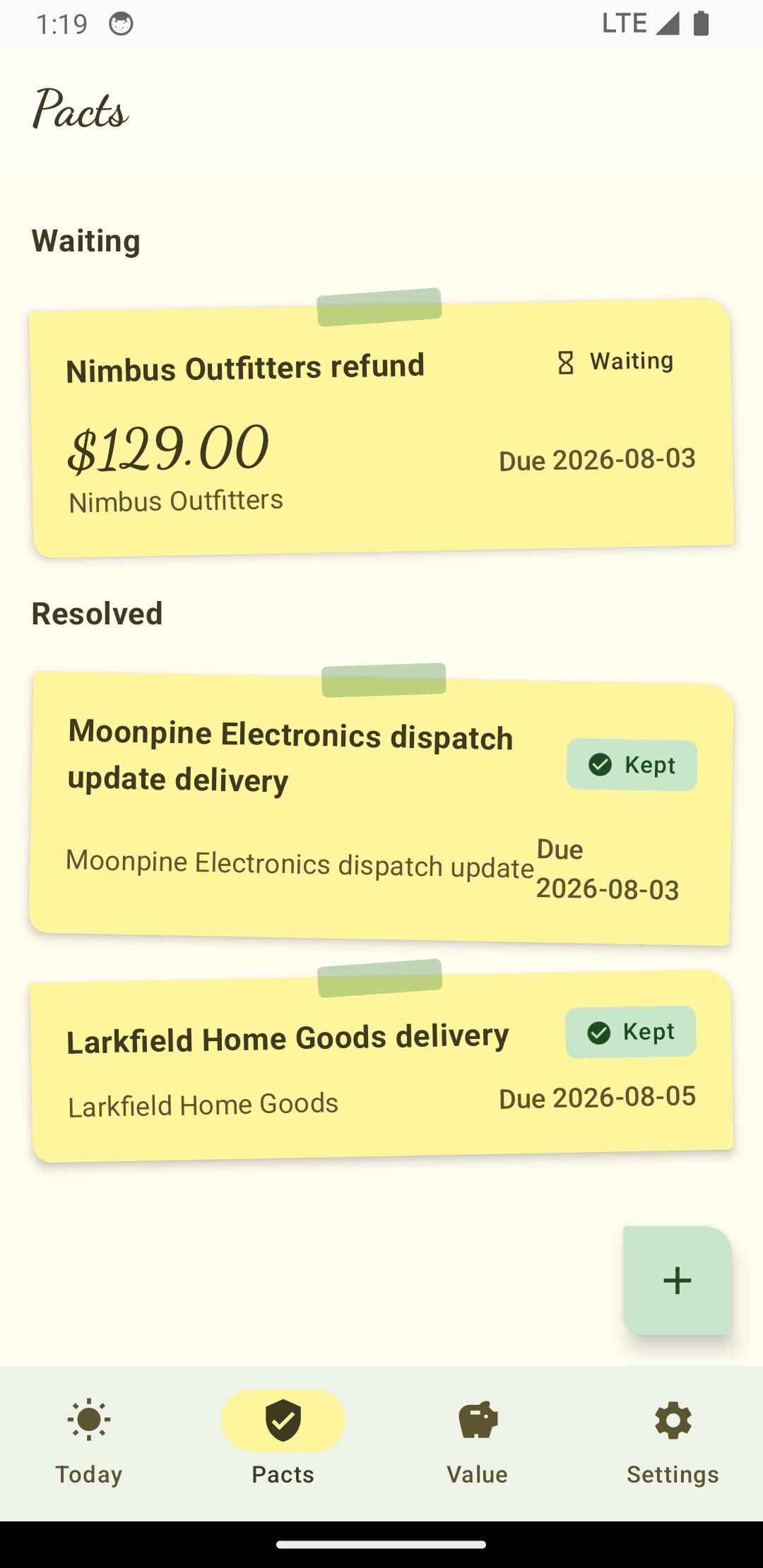 The Pacta board: sticky notes for a waiting refund and kept deliveries